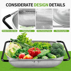 FirstE Over the Sink Colander Strainer Basket 6 Quart, Fine Mesh Stainless Steel Colander with Expandable Anti-slip Rubber Grip Handles, Kitchen Sink Vegetable Strainer for Drain Pasta, Rinse Fruits