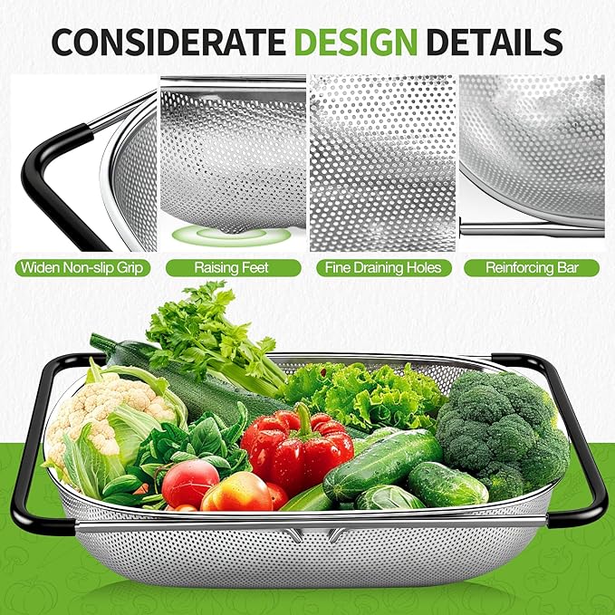 FirstE Over the Sink Colander Strainer Basket 6 Quart, Fine Mesh Stainless Steel Colander with Expandable Anti-slip Rubber Grip Handles, Kitchen Sink Vegetable Strainer for Drain Pasta, Rinse Fruits