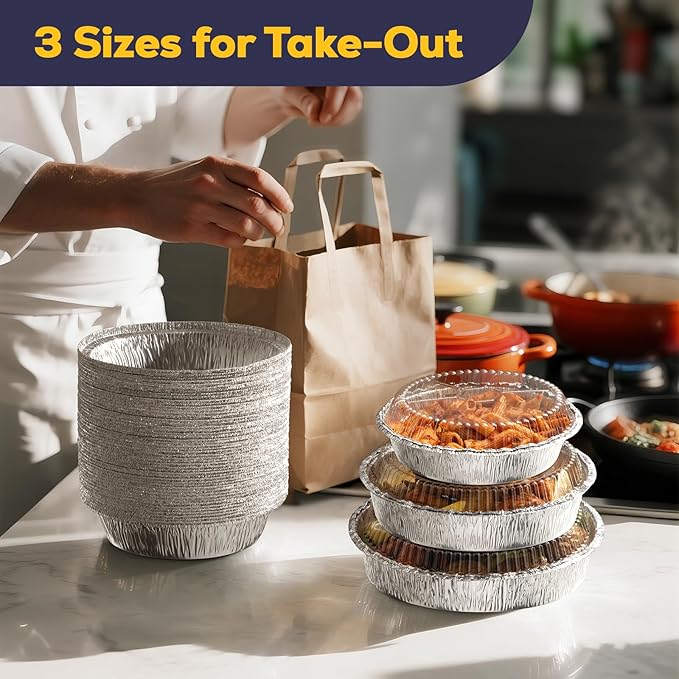 Fit Meal Prep 50 Pack 8" Round Aluminum Foil Pans with Clear Dome Lids, Pie Tins Disposable 8 inch with Lids, Take Out Containers, Freezer Oven Safe Aluminum Baking Pans for Storing, Cooking, Storage