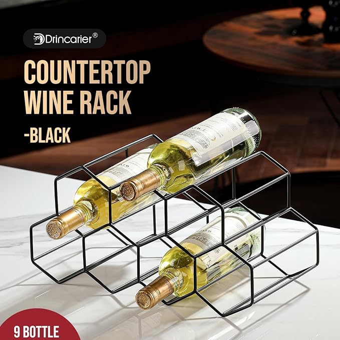 Countertop Wine Rack - 9 Bottle Freestanding Modern Black Metal Small - 2 Tier Tabletop Wine Holder Stand for Cabinet, Pantry - Wine Racks Countertop - No Assembly Required
