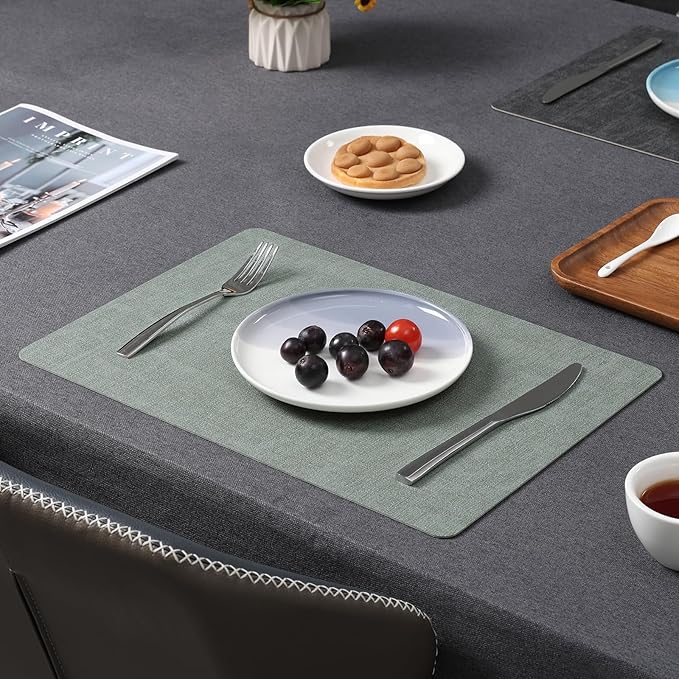 Myir JUN Dual Sided Faux Leather Placemats Set of 8 for Indoor Outdoor Dining Tables, Square Non-Slip Washable Wipeable Table Mats (Gray Sage Green, Set of 8)
