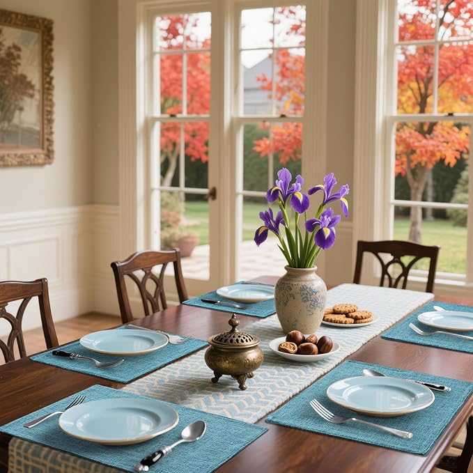 Homaxy Cloths Placemats for Dining Table Set of 8, Heat Resistant Washable Cotton Linen Blend Table Mats, Easy to Clean Place Mats for Indoor Outdoor Party Kitchen Decoration, 13" x 19", Aqua