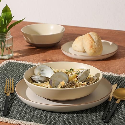 Gibson Elite Laguna Bliss 16 Piece Stoneware Reactive Glaze (Service for 4) Ceramic Plates and Bowls Dinnerware Set - Matte Cream White W/Terracotta Bottom