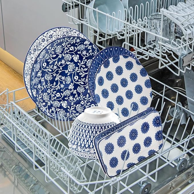 Ceramic Salad Plates Set - 8.5 Inch Small Round Dessert Dishes for Kitchen Dinner Pasta Appetizer Sandwich - Scratch Resistant Porcelain Microwave Oven Dishwasher Safe - Set of 6 - Vintage Blue