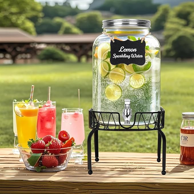DHSBTLS 2 Gallon Glass Drink Dispensers, 1 Pack Clear Beverage Dispenser for Party, BBQ and Picnic, Juice Dispenser with Ice Core, Black Stand, Spigot, Markers and Chalkboard