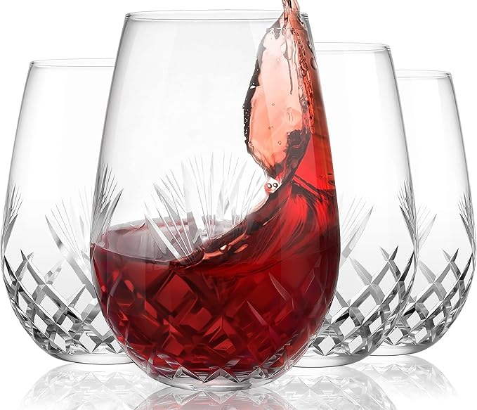 SHOSHIN - Hand Cut Stemless Wine Glass Set of 4, Large 18 oz Crystal Wine Glass, Wine Tumblers for Red and White Wine, Water Glasses, Drinking Glasses
