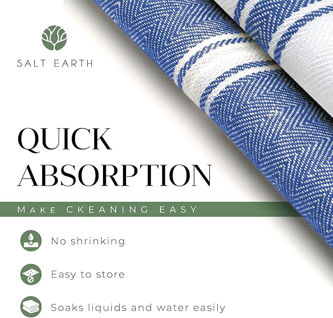 Salt Earth Kitchen Towels Cotton Dish Towel Size 24x14 Inches Set of 12 100% Ring Spun Cotton Absorbent Quick Dry Herringbone Weave Lint Free Washable Dishcloth Hanging Loop Color White & Blue Stripe