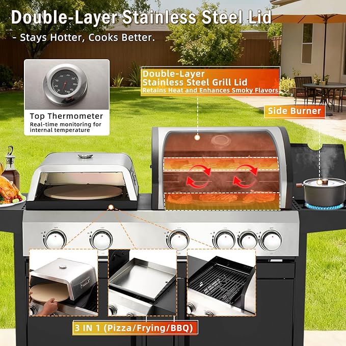 MELLCOM 3 IN 1 Pizza Griddle Grill Combo, 74,000 BTU 5 Burner Stainless Steel Propane Gas Grill with Side Burner,Pizza Oven, Griddle and Porcelain Enameled Cast Iron Grates for Outdoor Patio Backyard