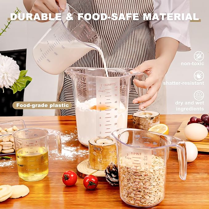 DaYammi Measuring Cups 4-Piece, Unbreakable Food-Grade Plastic Measuring Cup for Dishwasher, 1/2/4/8-Cup Nesting Liquid Measuring Cups for Prepping, Baking, Cooking, Readable Markings, Clear