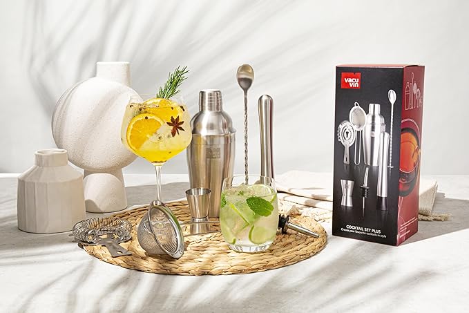Vacu Vin Cocktail Set Plus – 7-Piece Bartender Kit with Stainless Steel Tools – Includes Shaker, Jigger, Muddler, Strainer, Pourer, Sieve, and Bar Spoon – Dishwasher Safe Home Bar Set