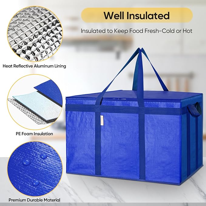 BALEINE 2Pk Insulated Reusable Grocery Bags, Collapsible Cooler Bag for Groceries, Heavy Duty Large Insulated Bag (24''x14''x15'', Midnight Blue)