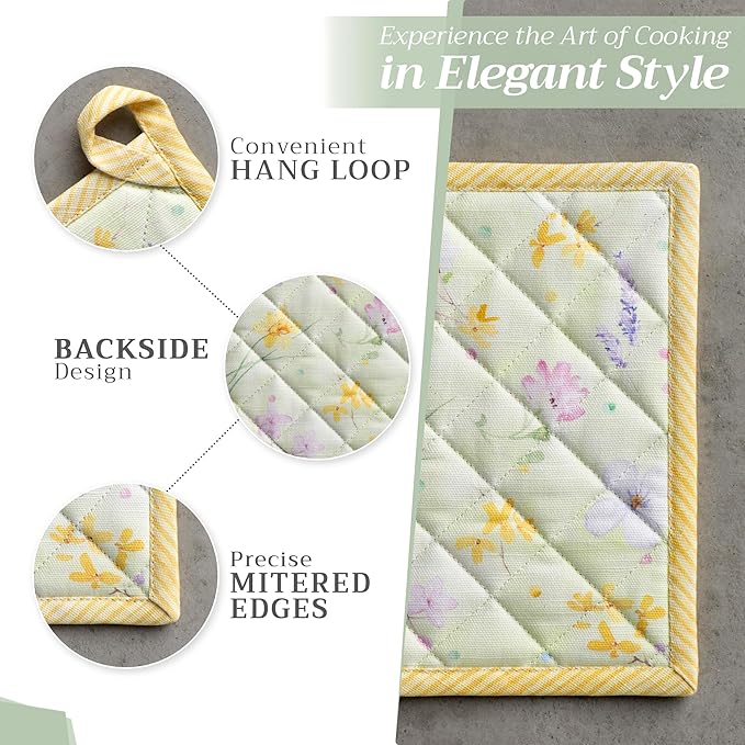 Maison d' Hermine Pot Holders 100% Cotton Heat Resistant Potholders 8" x 8" Hot Pads with Loop BBQ, Cooking, Baking, Grilling, Kitchen, Handling Hot Pans Spring/Summer (Pack of 1, Easter Zest)