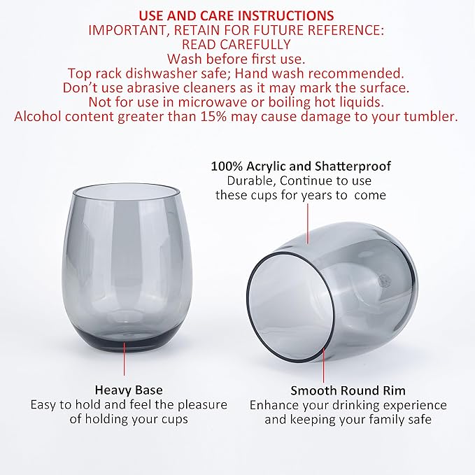 KOXIN-KARLU Classic 18-ounce Acrylic Stemless Wine Glasses, Unbreakable Mixed Drinkware Plastic Tumbler, set of 6 Grey