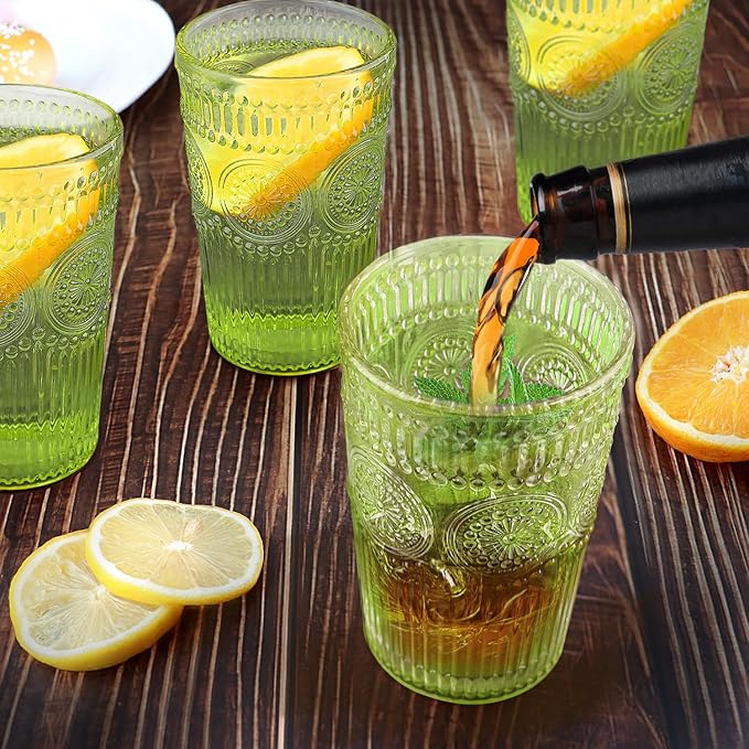 6pcs Vintage Drinking Glasses Set, 12 oz Green Highball Glasses, Embossed Ribbed Glassware Cups for Cocktail, Water, Juice, Coffee, Whiskey