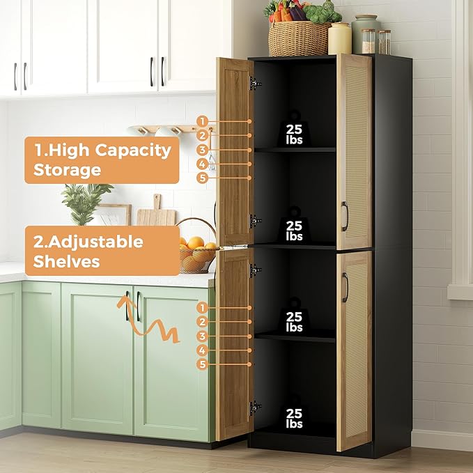 Kitchen Pantry Cabinet, 67" Tall Rattan Storage Cabinet with Doors and Adjustable Shelves, Wooden Linen Pantry Cupboard for Small Spaces Laundry Room Bathroom, Food Snack Towels Storage, Black
