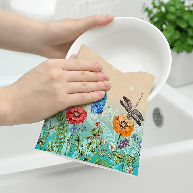 Dragonfly Floral Kitchen Towel Decorative Set of 2 Soft Absorbent Hand Towels Spring Summer Kitchen Decor Bloom Flowers Tea Towels Farmhouse Dish Towels for Kitchen Drying Bathroom Home Decor
