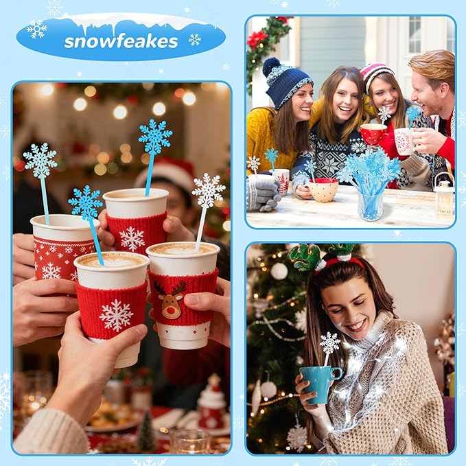 30 Pcs Snowflake Swizzle Sticks Coffee Frozen Stirrers Glitter Winter Stir Sticks Reusable Cocktail Drink for Hot Cocoa Chocolate Bar Supplies(Snowflake)
