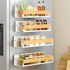 SONGMICS Magnetic Spice Rack for Refrigerator, 4 Pack, 2 Large and 2 Small Kitchen Magnetic Shelves for Washing Machine, Spice Organizers, No Drilling Needed, Cream White and Light Bamboo UKCS062WD01