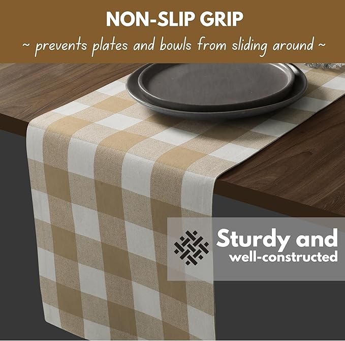 Native Fab Table Runner Buffalo Check Plaid 100% Cotton - 13x108 Inches Kitchen Dining Table Decoration for Indoor Outdoor Farmhouse Home Party Decor - Beige and White