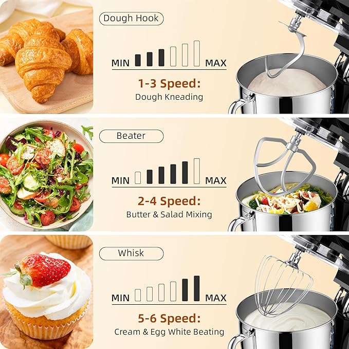 Dough Mixer 8.45 QT Electric Mixer - 660W 6 Speed Large Capacity Kitchen Stand Mixer with Whisk Dough Hook Mixing Beater Household Food Mixer for Baking Cakes Cookie Bread Salad (Black)