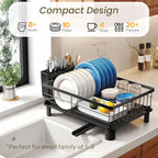 Dish Drying Rack - Small Dish Rack for Kitchen Counter, Stainless Steel Dish Drainer with Utensil Holder and Drainboard (Black)