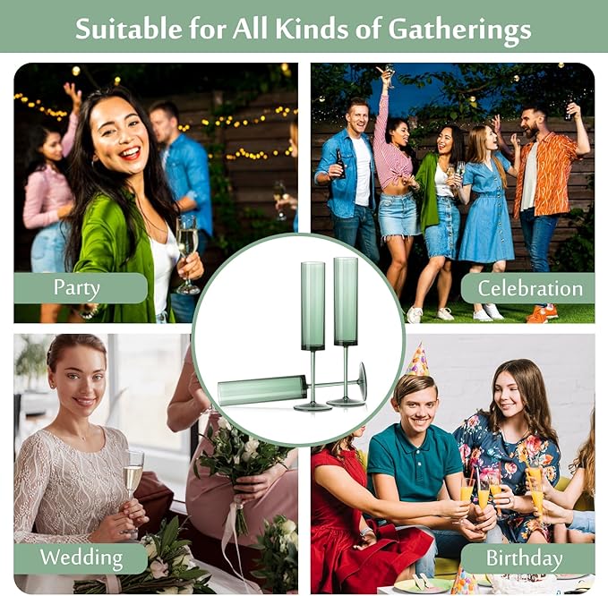 12 Pack Acrylic Dark Green Wine Glasses Green champagne glasses Champagne Flutes Sparkling Wine Glasses Wine Goblets Wedding Glassware Set Drinkware Glasses for Wedding Bar Celebration Baby Shower