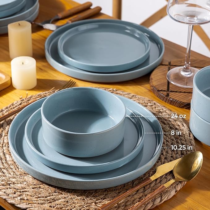 AmorArc Ceramic Dinnerware Set for 6 | Speckled Stoneware Plates and Bowls with Rustic Terracotta Underside| Scratch Resistant,Dishwasher & Microwave Safe Dishes Sets- 18pcs Blue