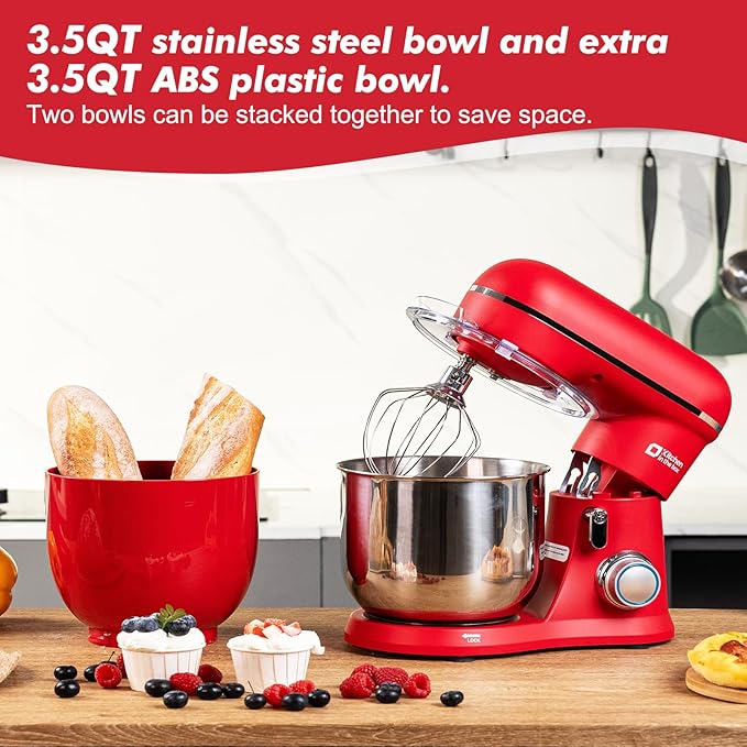 Kitchen in the Box Stand Mixer, 3.5QT Two Bowls Small Kitchen Electric Mixer, 10-Speed Portable Lightweight Matte Finish with Egg Whisk, Dough Hook, Beater (Matte Red, 3.5QT)