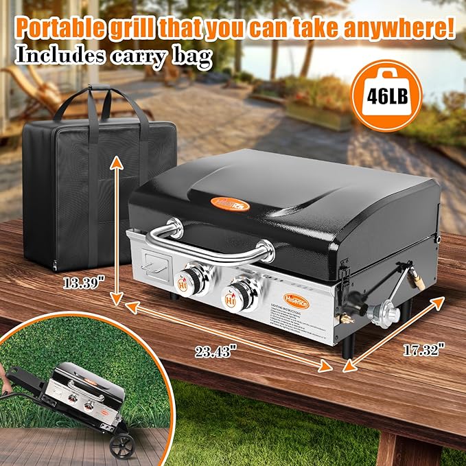 Hisencn Portable Griddle for Outdoor, Tabletop, Countertop, Kitchen, Tailgating, RV - Nonstick Camping Griddle 369 sq. in. 24000 BTUs Griddle for Gas Grill, 22 Inch with Hood, with Carry Bag