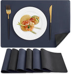 MOSAYT Vinyl Placemats Set of 6, Heat Resistant Place Mats 100% Waterproof Washable & Wipeable Faux Leather Reversible Table Mats for Kitchen Dining Party Indoor Outdoor, 12" x 17", Black/Navy