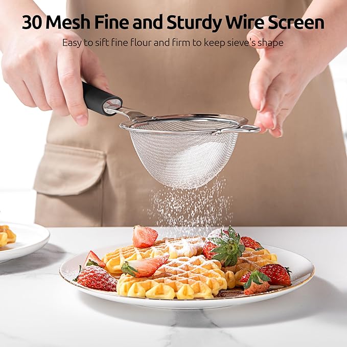 U-Taste Small Fine Mesh Strainer: 18/8 Stainless Steel 3.35in 30 Mesh Kitchen Food Sieve with Sturdy Riveted Silicone Handle, Heavy Duty Deep Handheld Metal Colander for Tea, Juice (Black)