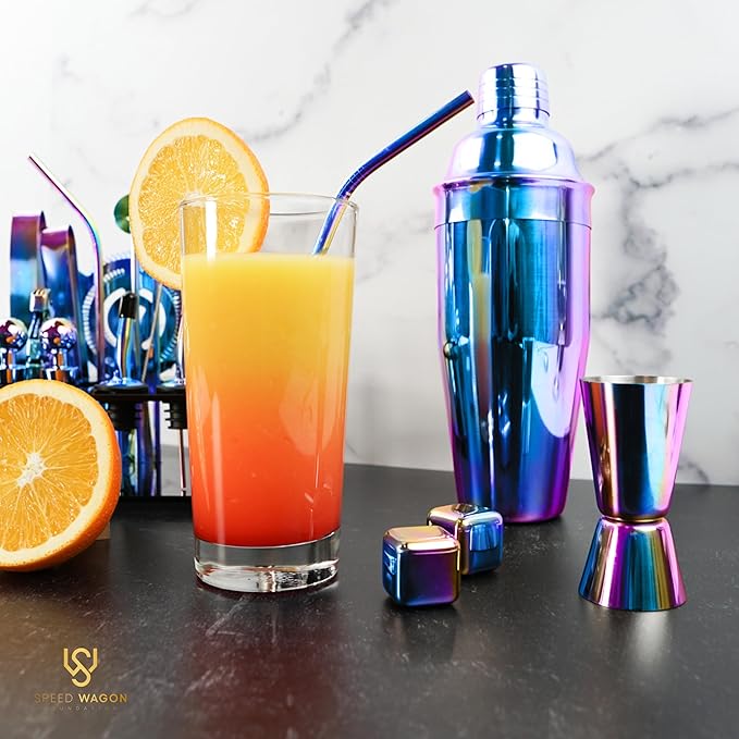 Mixology Bartender Kit – 24 Piece Rainbow Cocktail Shaker Set w/Stand – Essential Home Bar Accessories Martini Shaker, Jigger, Muddler, Chilling Cubes & More