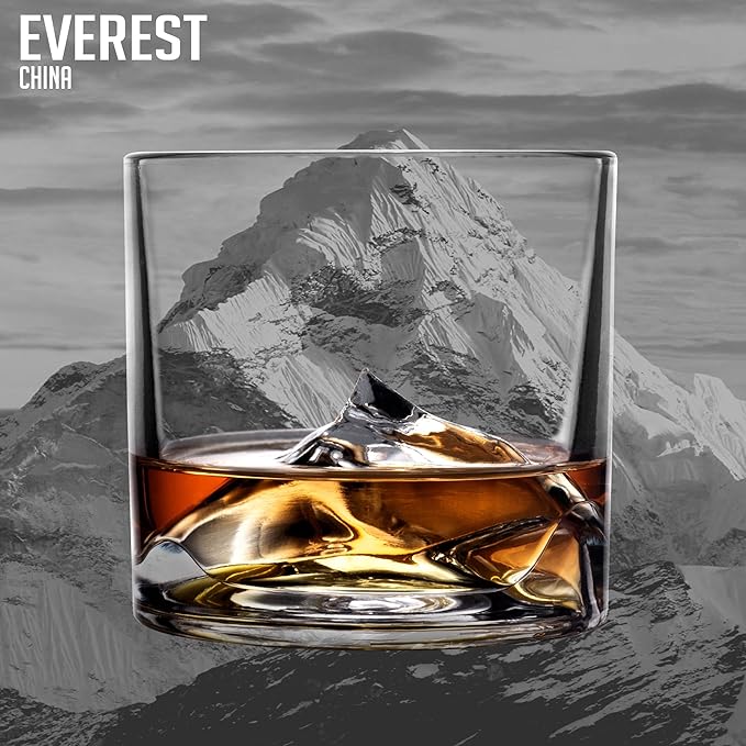 LIITON Mount Everest Heavy Crystal Whiskey Glasses Gift Set of 2, Thick Freezable Bourbon Glass 1lb Each, Premium Whiskey Gifts for Men, Frozen Crystal Chills Cocktails, 10 oz