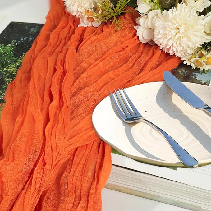 12 Pack Orange Cheesecloth Table Runner 10ft Boho Gauze Cheese Cloth Table Runner Rustic Sheer Runner 120 inch Long for Christmas Wedding Table Decorations