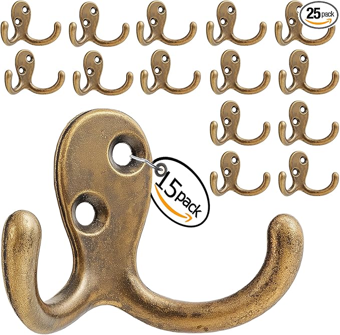 Coat Hooks Wall Hooks for hanging - 15 pack Bronze Double Prong Hook Wall Mounted - Great for Living Room, Bedroom, Entryway, Closet for Coat, Bag, Towel, Hat, Key, Cup, Heavy-Duty, Easy to Install