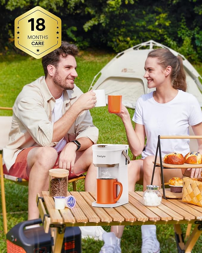 Single Serve One Cup Coffee Maker, for K Cups and Grounds, Mini Coffee Maker with Portable Handle, 6 to 12 Oz Brew Size, for Travel, Camping, Office, RV and Dorm, 120V, White and Brown