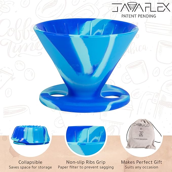 The Original JavaFlex Premium Foldable Silicone Pour Over Coffee Maker and Storage Pouch. Uses #2 V60 Cone Coffee Filters