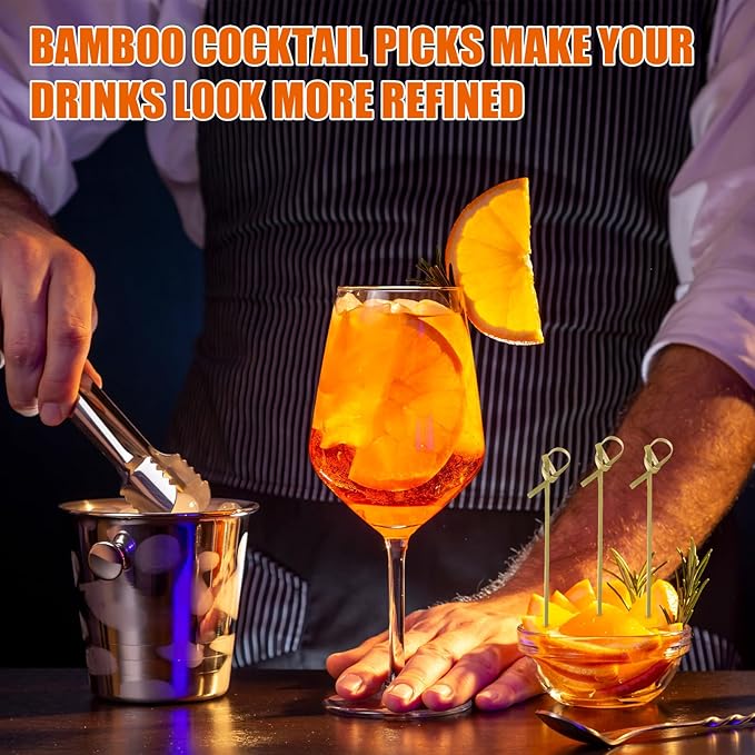 Nuogo 500 Pcs Bamboo Cocktail Picks 4.13 Inch Bamboo Skewers Fruit Toothpicks for Appetizers Drink Garnish Sticks Handmade Food Pick with Looped Knot for Party Bar Snacks Sandwiches Drinks