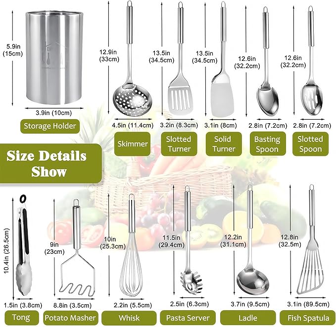 Stainless Steel Kitchen Utensils Set - 12pcs Cooking Utensils Set with Holder, Heat Resistant Kitchen Tool Set for Cooking with Turners, Potato Masher, Spatula, Spoons, Tongs, Whisk