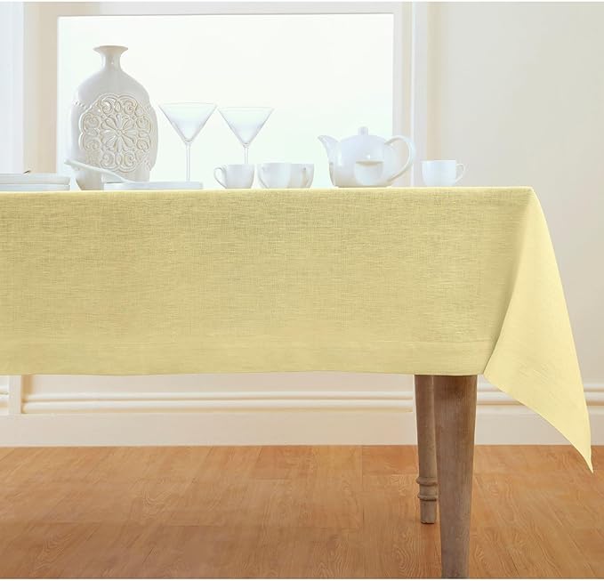 Solino Home Linen Tablecloth 60 x 120 Inch - 100% Pure Linen Chambray Yellow Table Cloth for Rectangular Tables - Athena, Machine Washable Cloth Tablecloth for Summer