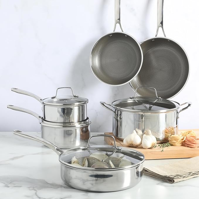 Martha Stewart Badgley Hybrid Nonstick 10 Piece TriPly Stainless Steel Pots and Pans Non-Toxic Kitchen Cookware Set - Laser Etched Non-Toxic Nonstick W/Stay Cool Handle Dishwasher and Induction Safe