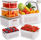 5-Pack Fruit Storage Containers for Fridge with Removable Colanders, 4 in 1 Produce Storage Containers with Lids, Leakproof Fridge Organizer Bins for Salad Berry Lettuce Vegetables Meat Keeper Fresh