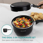 Navaris All in One Frying Pan Set - Ceramic Non Stick Cooking Pan & Small Saucepan with Lid & Stainless Steel Steamer Basket - Cookware Steam Pot & Saucepans - Set of 3