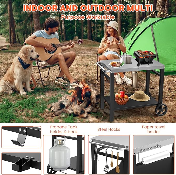 Outdoor Grill Table Cart, Movable Dining Cart, Pizza Oven Table Stand with Wheels Double-Shelf Movable Food Prep and Work Table, Fits for Ninja Ooni Blackstone Weber Q, 33.5"×21" Stainless Steel