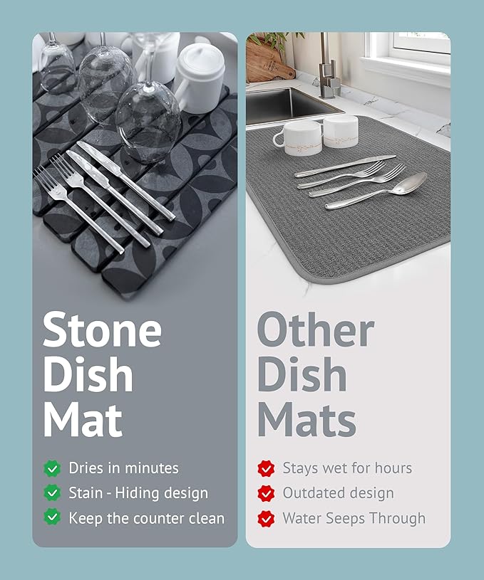 Large Stone Drying Mat for Kitchen Counter, 23.6" x 15.3" Quick Dry Foldable Diatomaceous Earth Dish Drying Mat, Stain-Hiding Design, Eco-Friendly Large Sink Mat for Dishes and Utensils