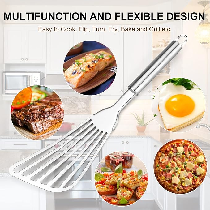 2-Piece Premium Fish Spatula Set, Big Size Stainless Steel, Thickness Blade Turner for Cooking, Flipping, Frying and Grilling