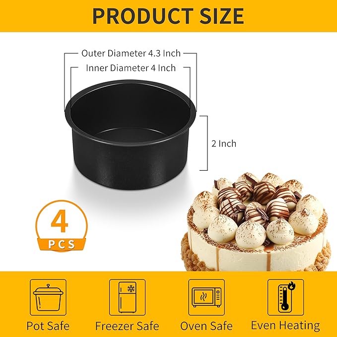 P&P CHEF Non-stick Cake Pan Set of 4, 4 Inch Round Baking Cake Pans Tins for Tier Smash Cakes, Non-Toxic & Solid, Stainless Steel Core & Leak-Proof, 4Pcs