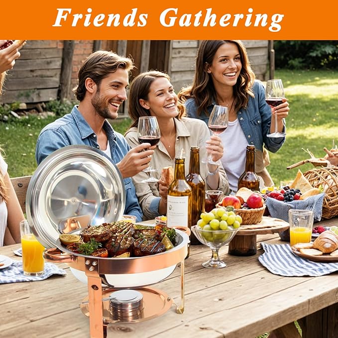 2-Pack Round Chafing Dishes for Buffet, 5QT Stainless Steel Buffet Chafing Set for Catering, Parties & Events-Rose Gold