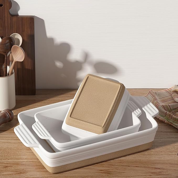 Ceramic Baking Dish, Casserole Dishes for Oven, Extra Deep Lasagna Pans with Handles, Rectangular Bakeware Set of 3 from Oven to Table, Easy to Clean, 14.7 x 8.7 x 3 Inches, White