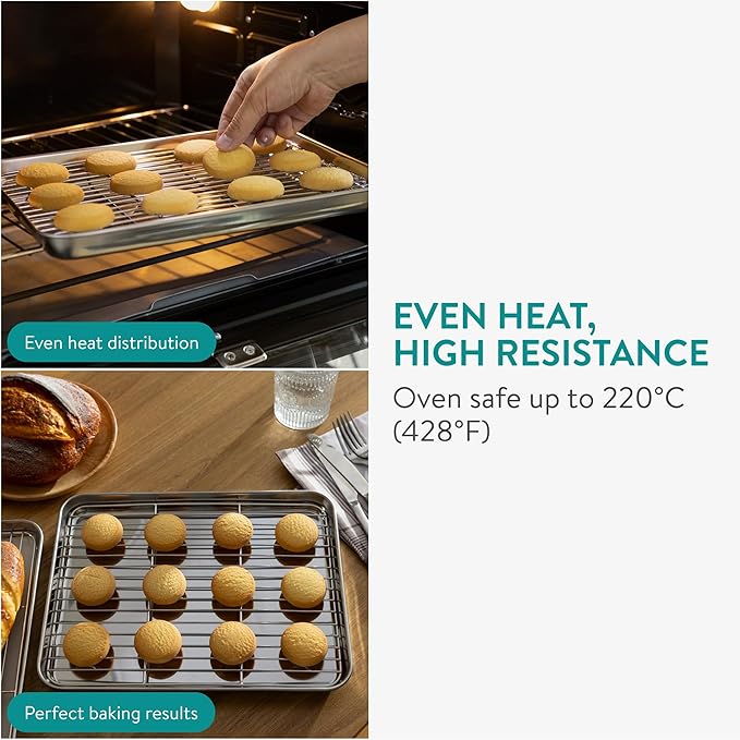Navaris Quarter Sheet Baking Pan Breading Trays w Racks - Stainless Steel Baking Sheet with Wire Rack Insert for Oven Cooking - Cookie Bacon Tray - Set of 4 12.2X 9.4” (31x24cm)